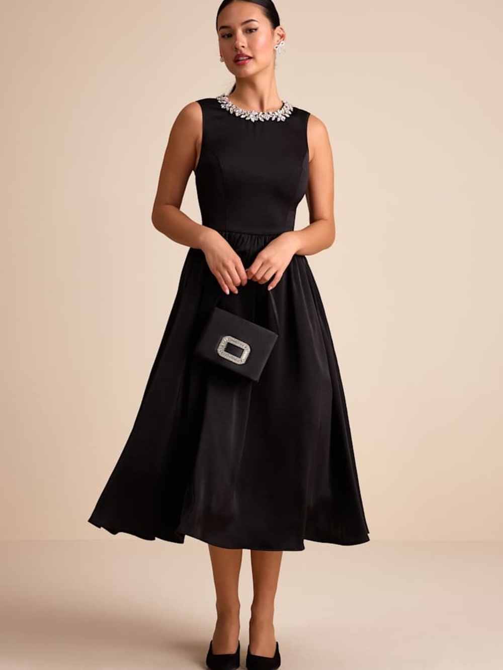 NWT Lulus Marietta Black Satin Rhinestone Sleeveless Midi Dress